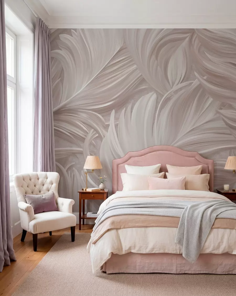 murales de pared Una pluma grande, pintada y curvada en tonos rosa perla w05757v1