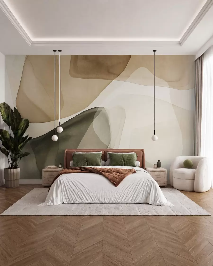 murales de pared Formas abstractas en tonos beige y verde, con un efecto de capas texturizadas y translúcidas w10022