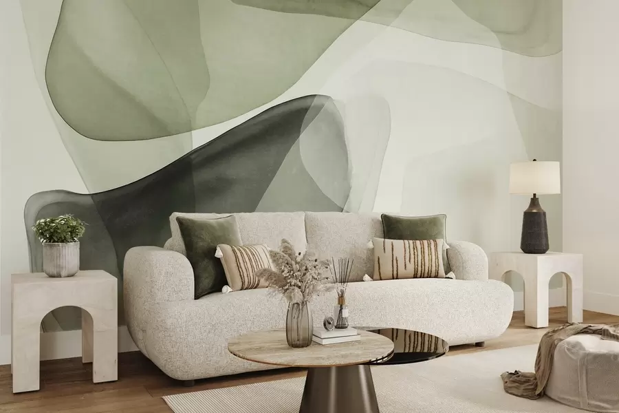 murales de pared Formas abstractas en tonos verdes, con un efecto de capas texturizadas y translúcidas w10022v2