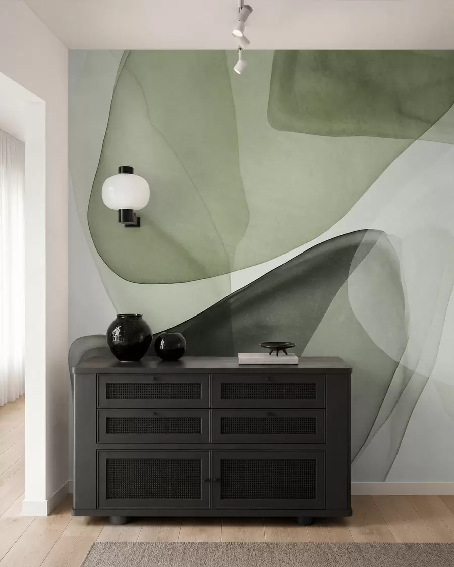 murales de pared Formas abstractas en tonos verdes, con un efecto de capas texturizadas y translúcidas w10022v2