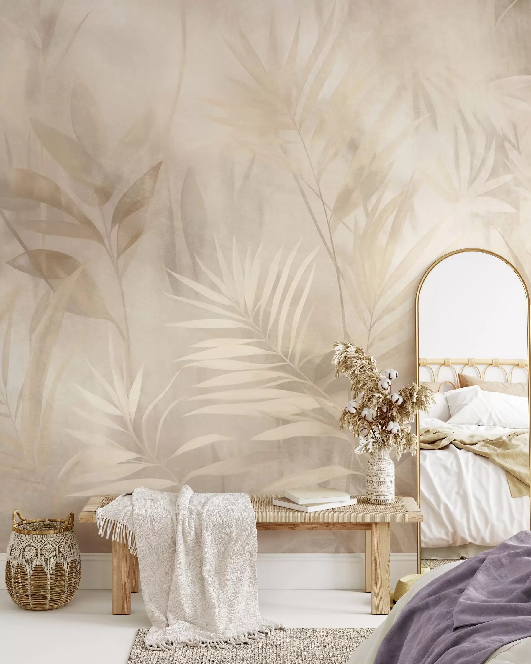 murales de pared Hojas de palmera en tonos beige y crema apagados, con un fondo suave, selva tropical w10023