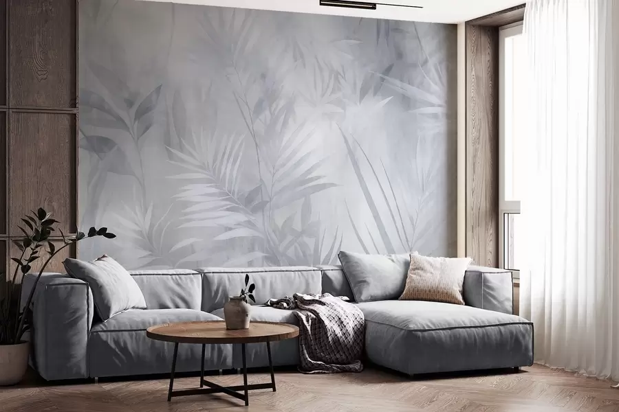 murales de pared Hojas de palmera en tonos azules apagados, con un fondo suave, selva tropical w10023v2