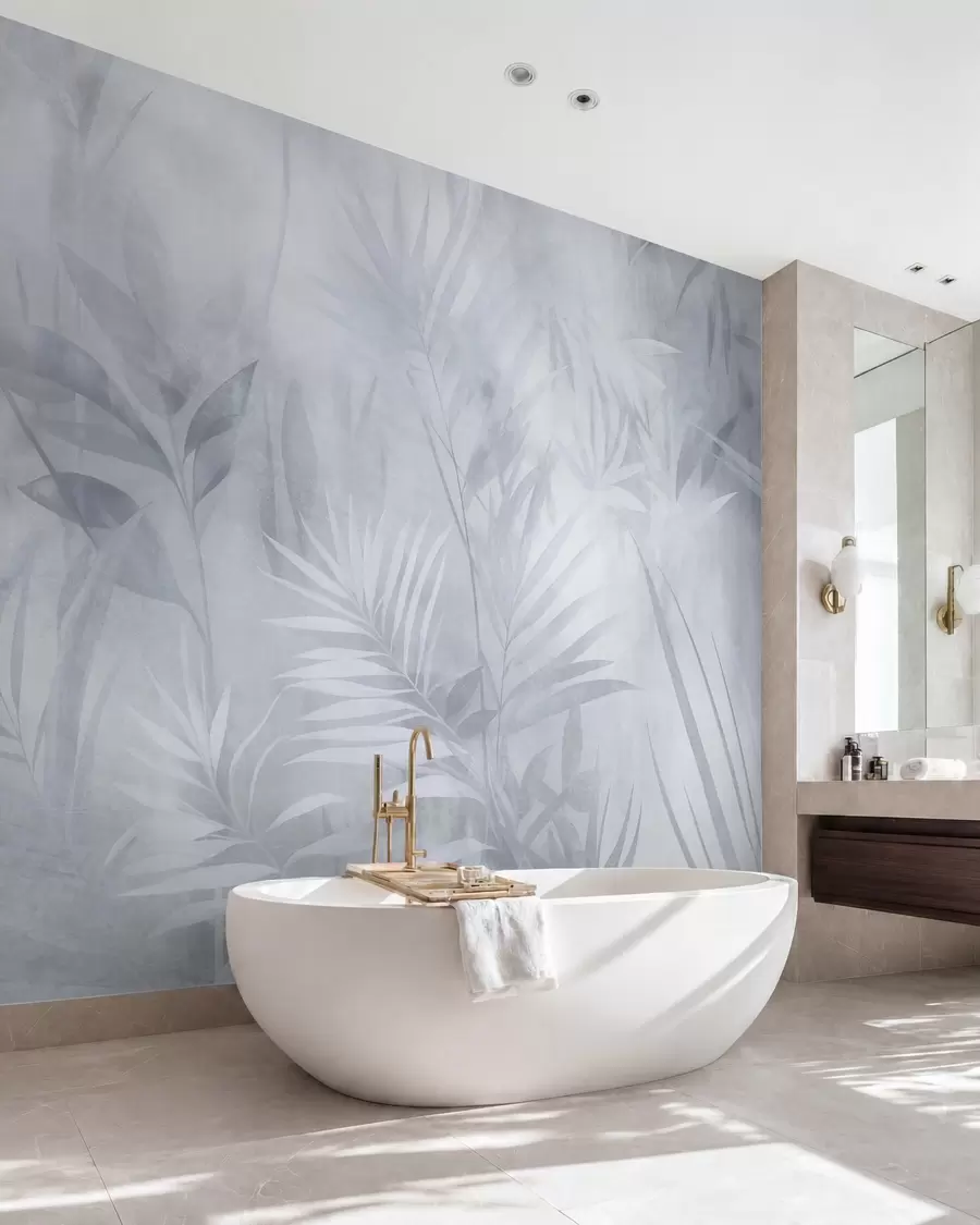 murales de pared Hojas de palmera en tonos azules apagados, con un fondo suave, selva tropical w10023v2