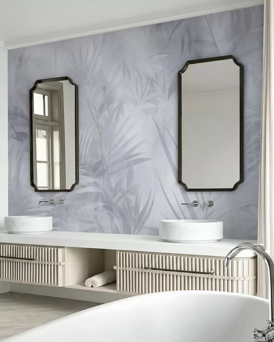 murales de pared Hojas de palmera en tonos azules apagados, con un fondo suave, selva tropical w10023v2