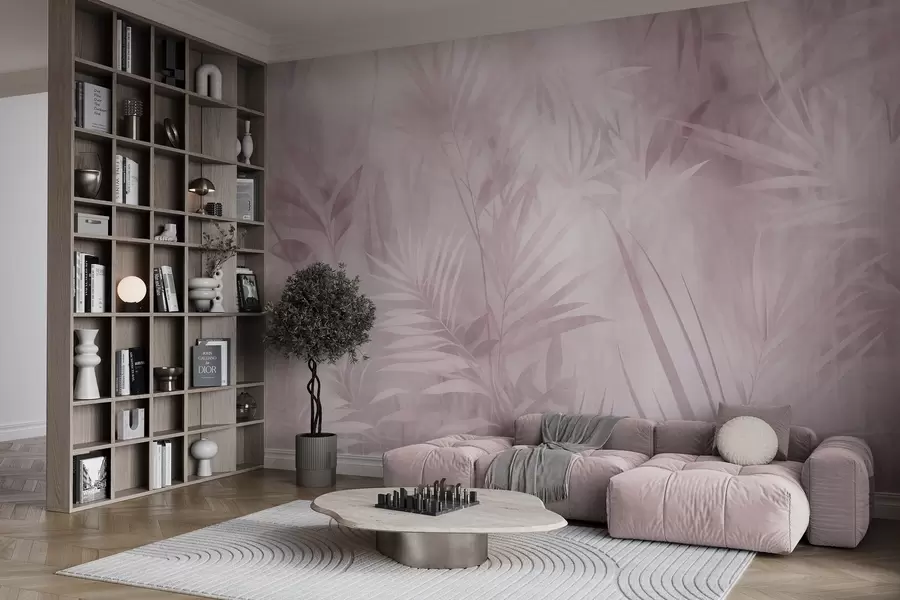 murales de pared Hojas de palmera en tonos rosados apagados, con un fondo suave, selva tropical w10023v3