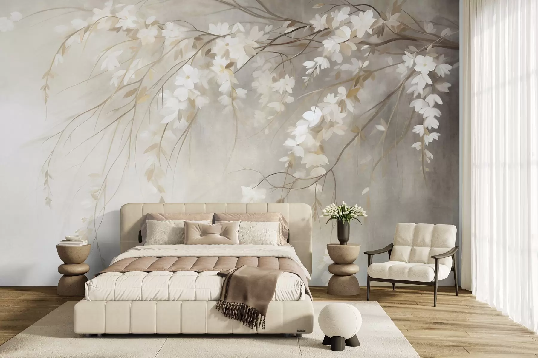 murales de pared Una delicada rama de cerezo con flores blancas y hojas, estilo pictórico w10024