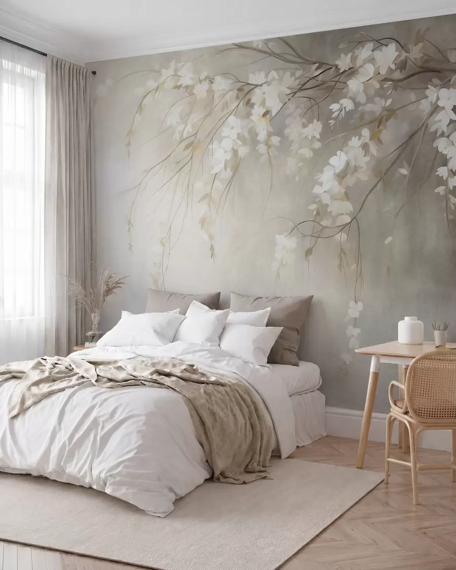 murales de pared Una delicada rama de cerezo con flores blancas y hojas, estilo pictórico w10024