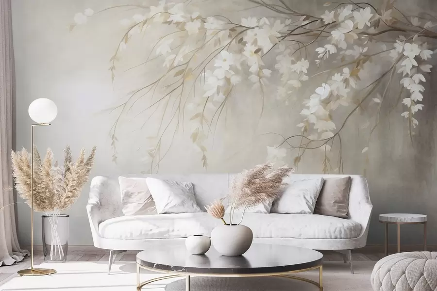 murales de pared Una delicada rama de cerezo con flores blancas y hojas, estilo pictórico w10024