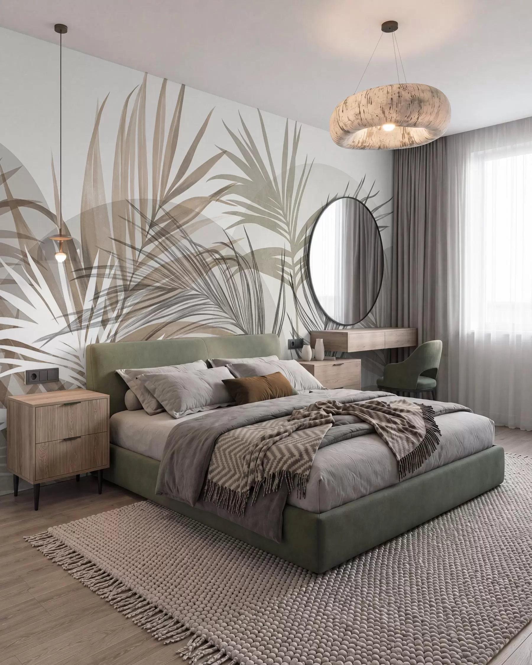 murales de pared Hojas de palmera en tonos neutros de beige, marrón y gris, con formas abstractas w10025