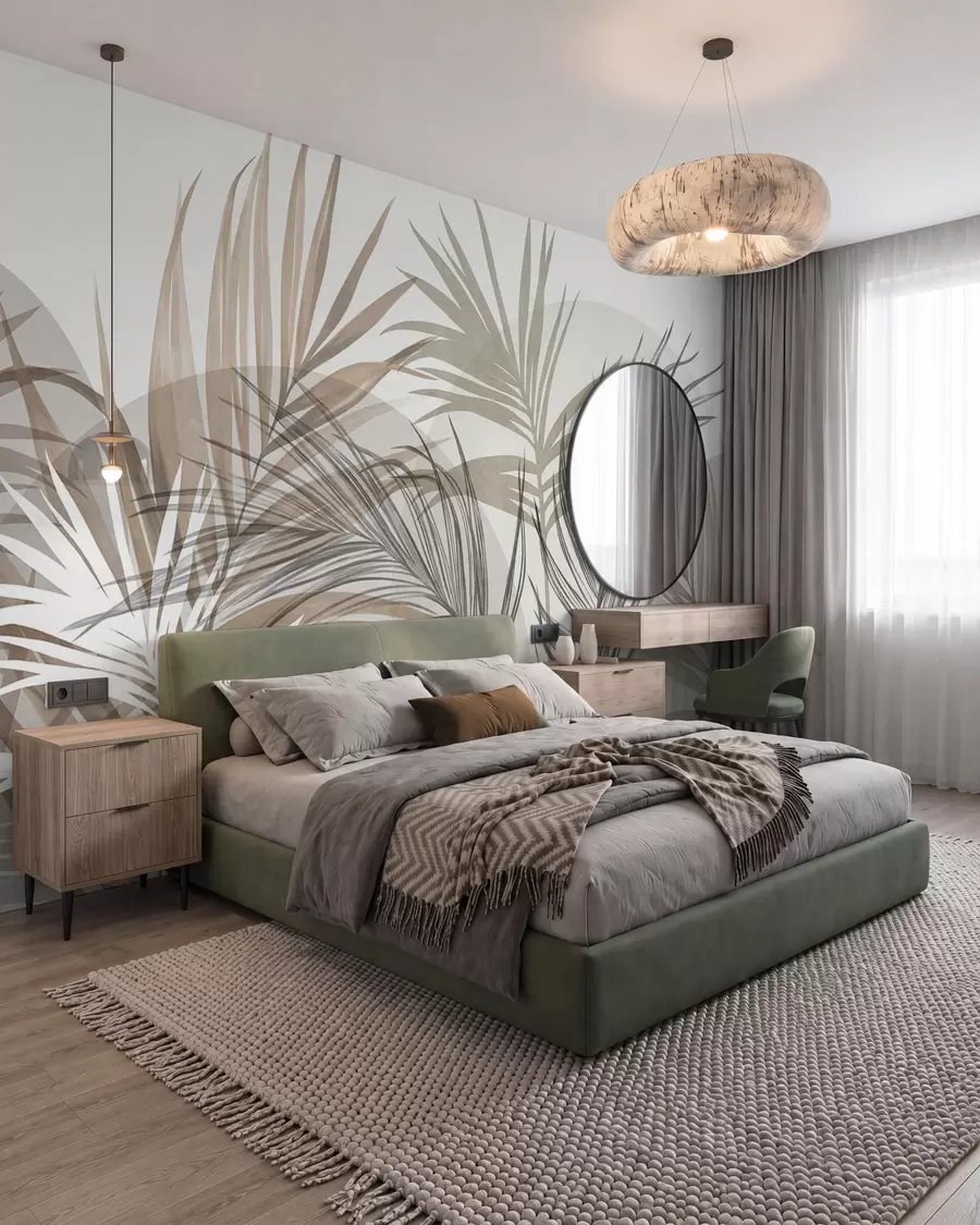 murales de pared Hojas de palmera en tonos neutros de beige, marrón y gris, con formas abstractas w10025