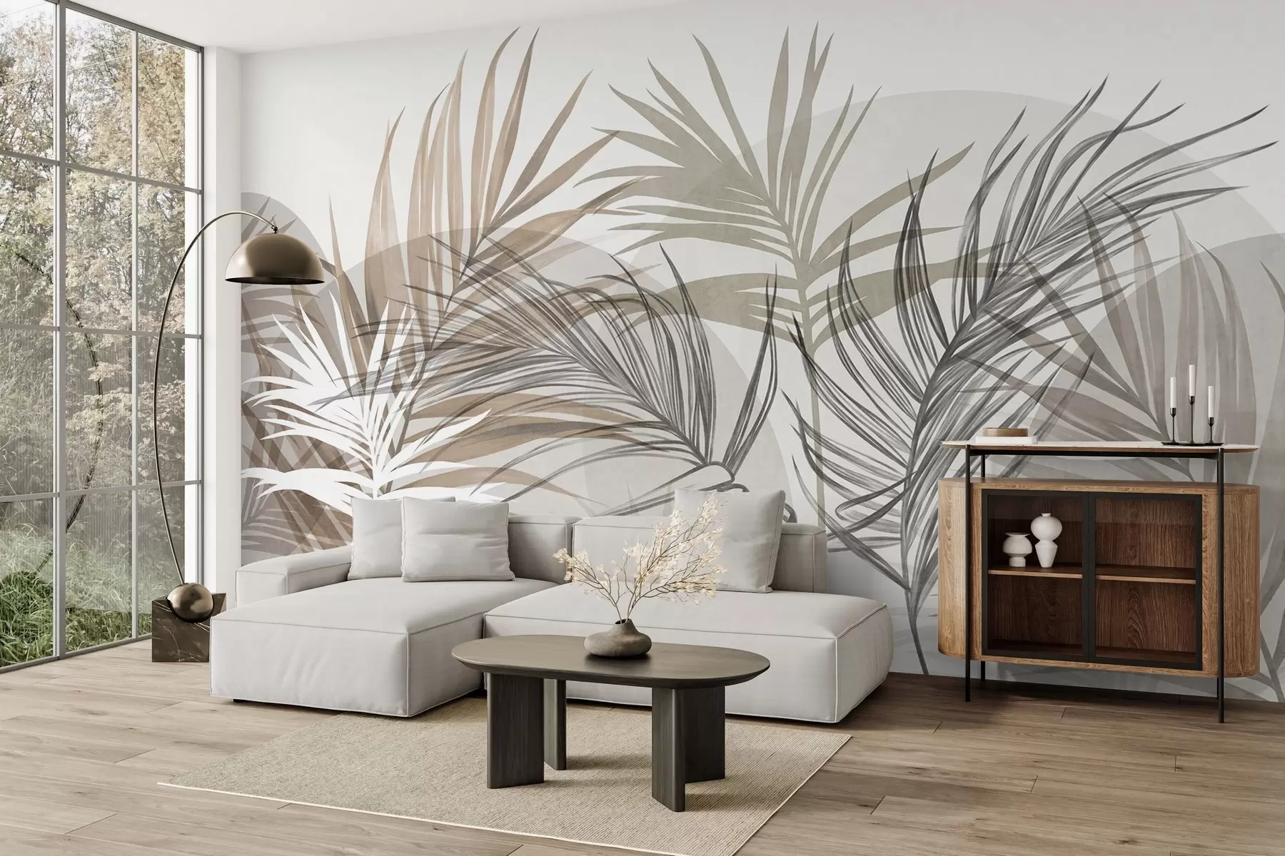 murales de pared Hojas de palmera en tonos neutros de beige, marrón y gris, con formas abstractas w10025