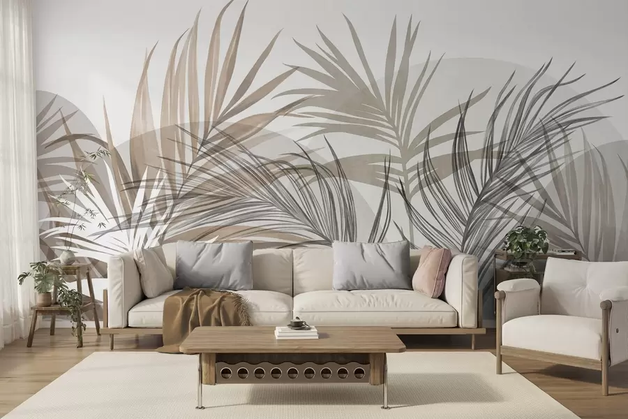 murales de pared Hojas de palmera en tonos neutros de beige, marrón y gris, con formas abstractas w10025