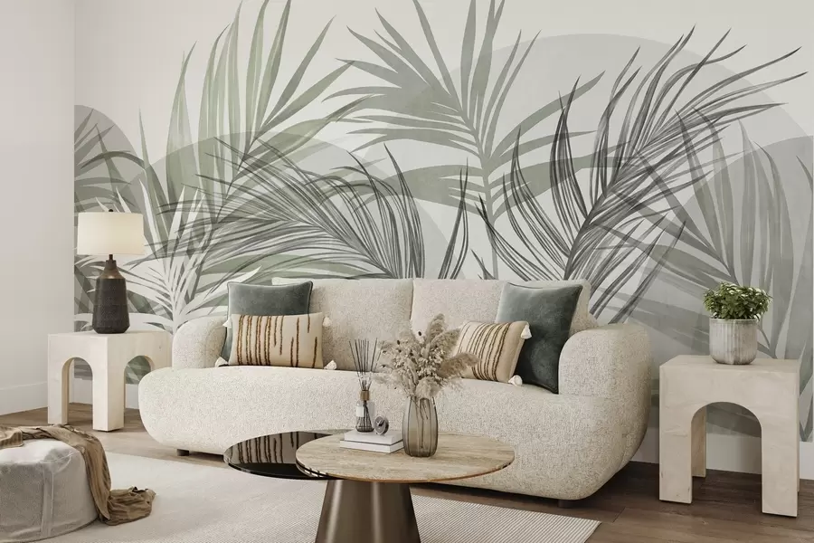 murales de pared Hojas de palmera en tonos neutros de verde y gris, con formas abstractas w10025v2