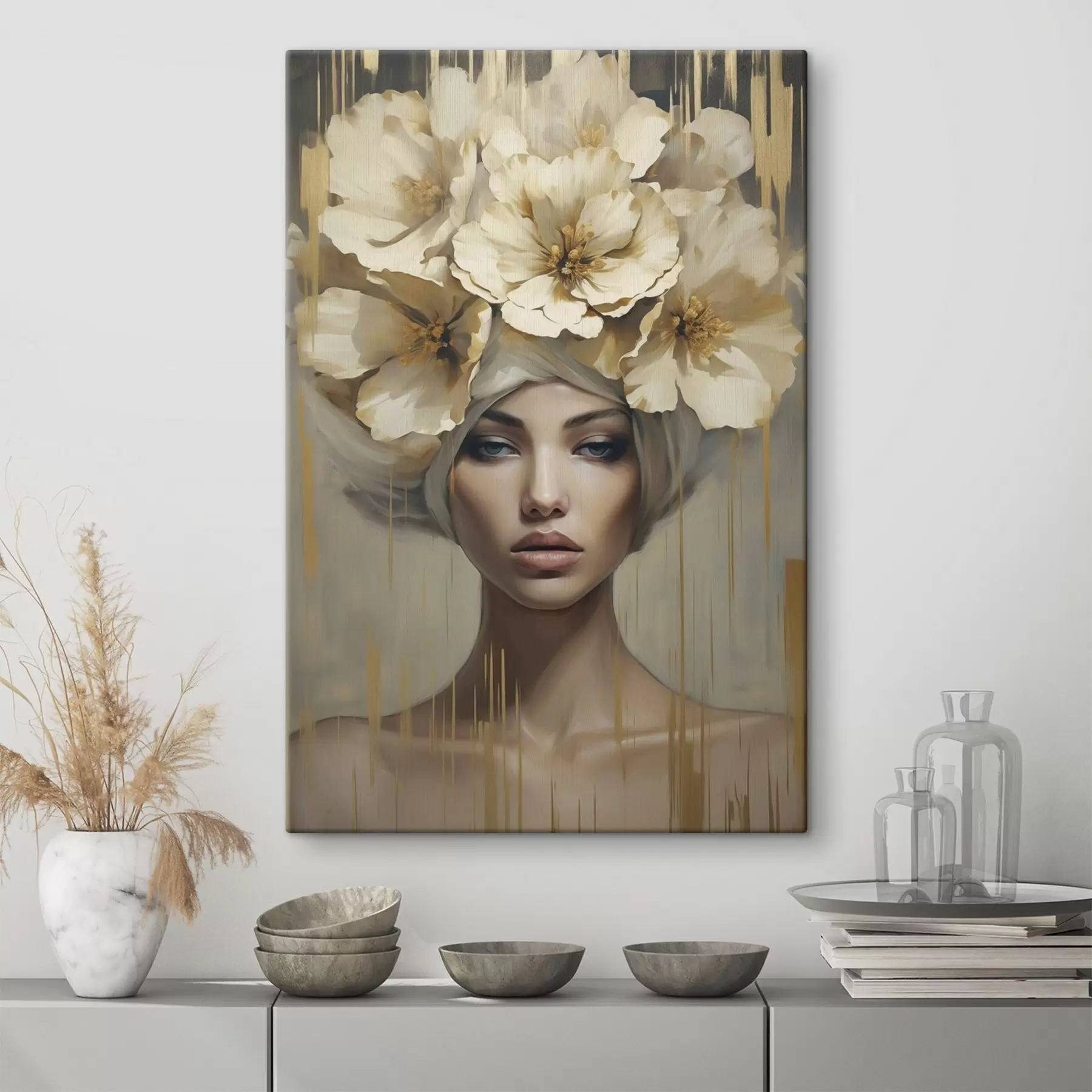 murales de pared Mujer abstracta con flores en el pelo, imitación de un cuadro s50381
