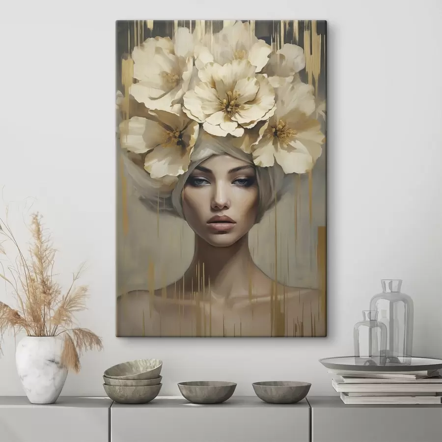 murales de pared Mujer abstracta con flores en el pelo, imitación de un cuadro s50381