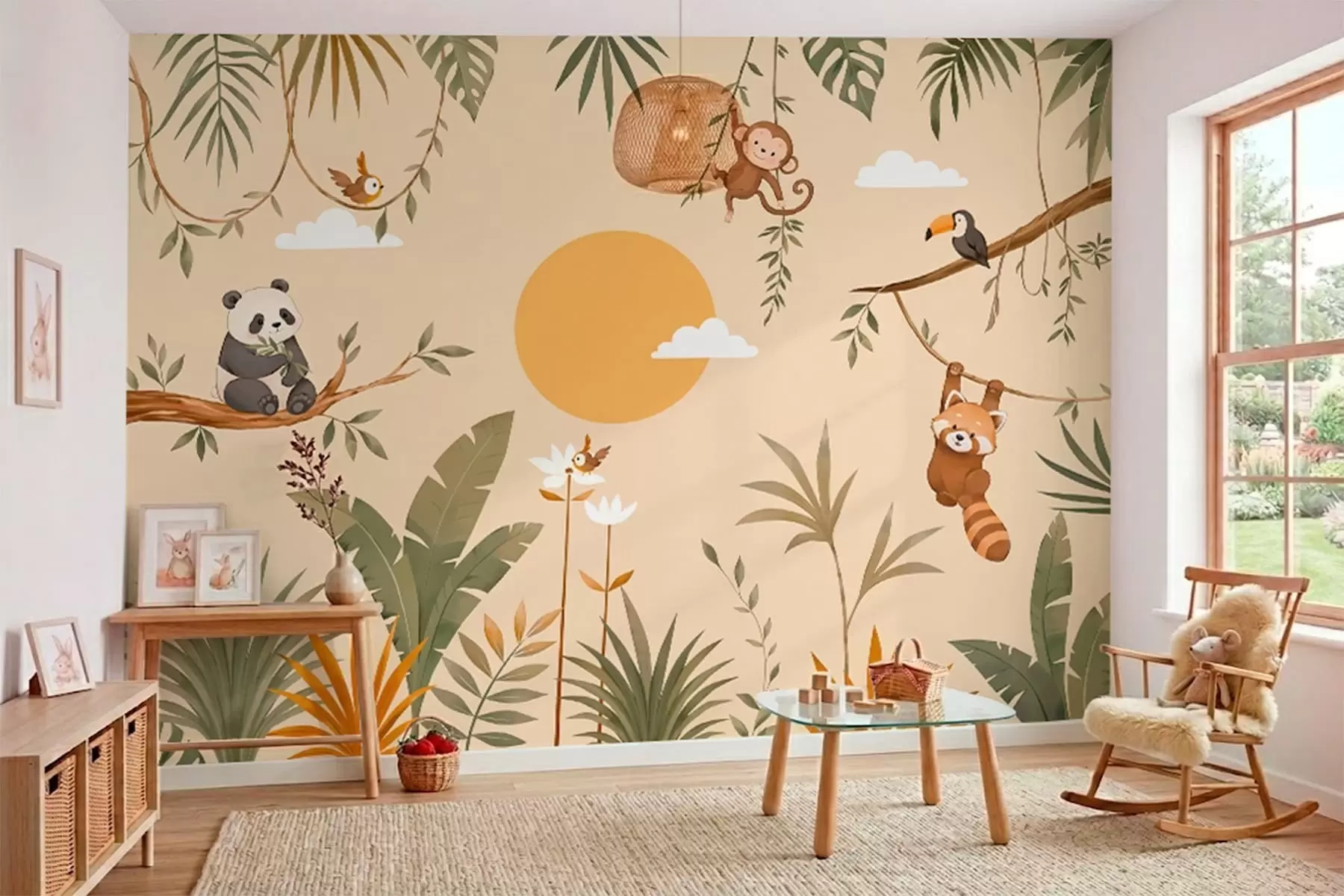 murales de pared Animales tropicales, vegetación y sol sobre un fondo cálido w05865v1