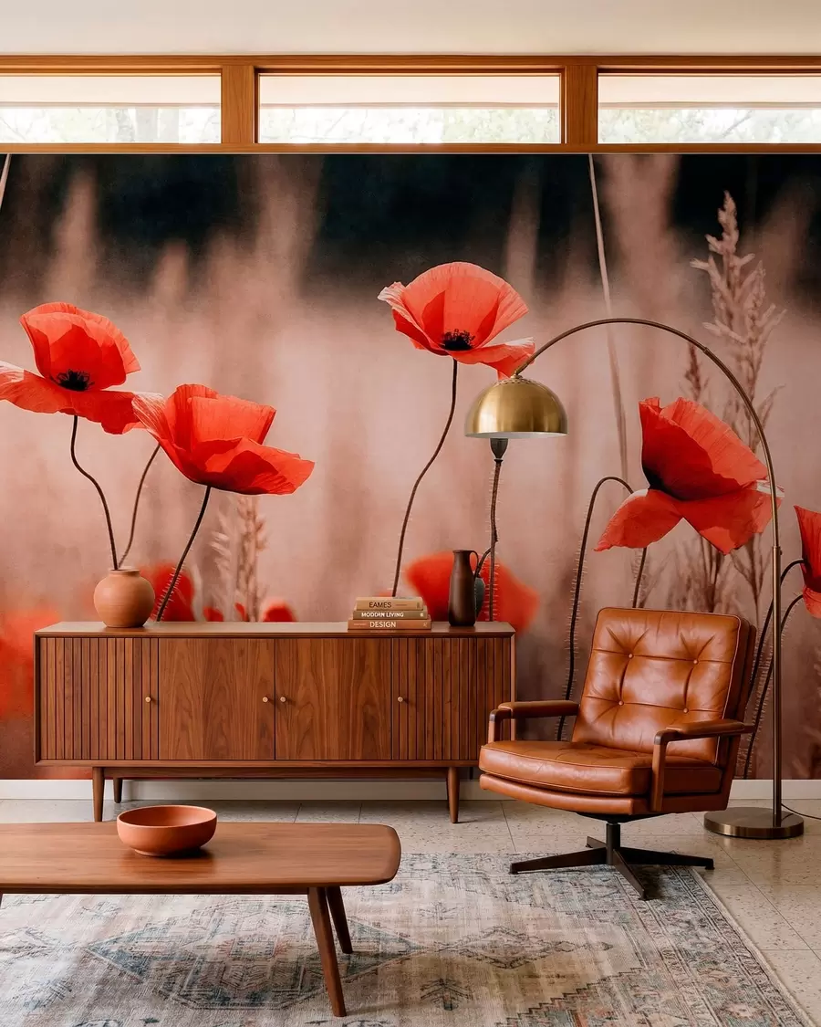 murales de pared Amapolas de un rojo intenso entre la hierba seca w05866
