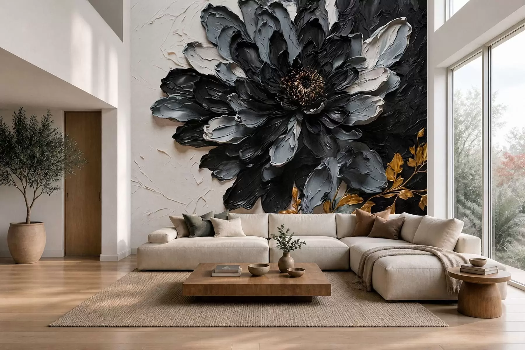 murales de pared Flor con textura en negro y gris con ramas decorativas w05883