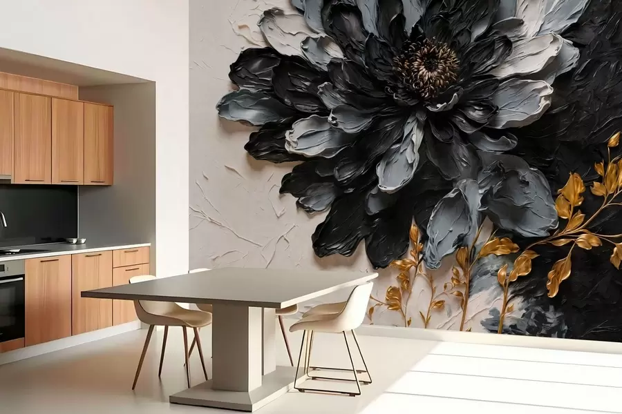 murales de pared Flor con textura en negro y gris con ramas decorativas w05883