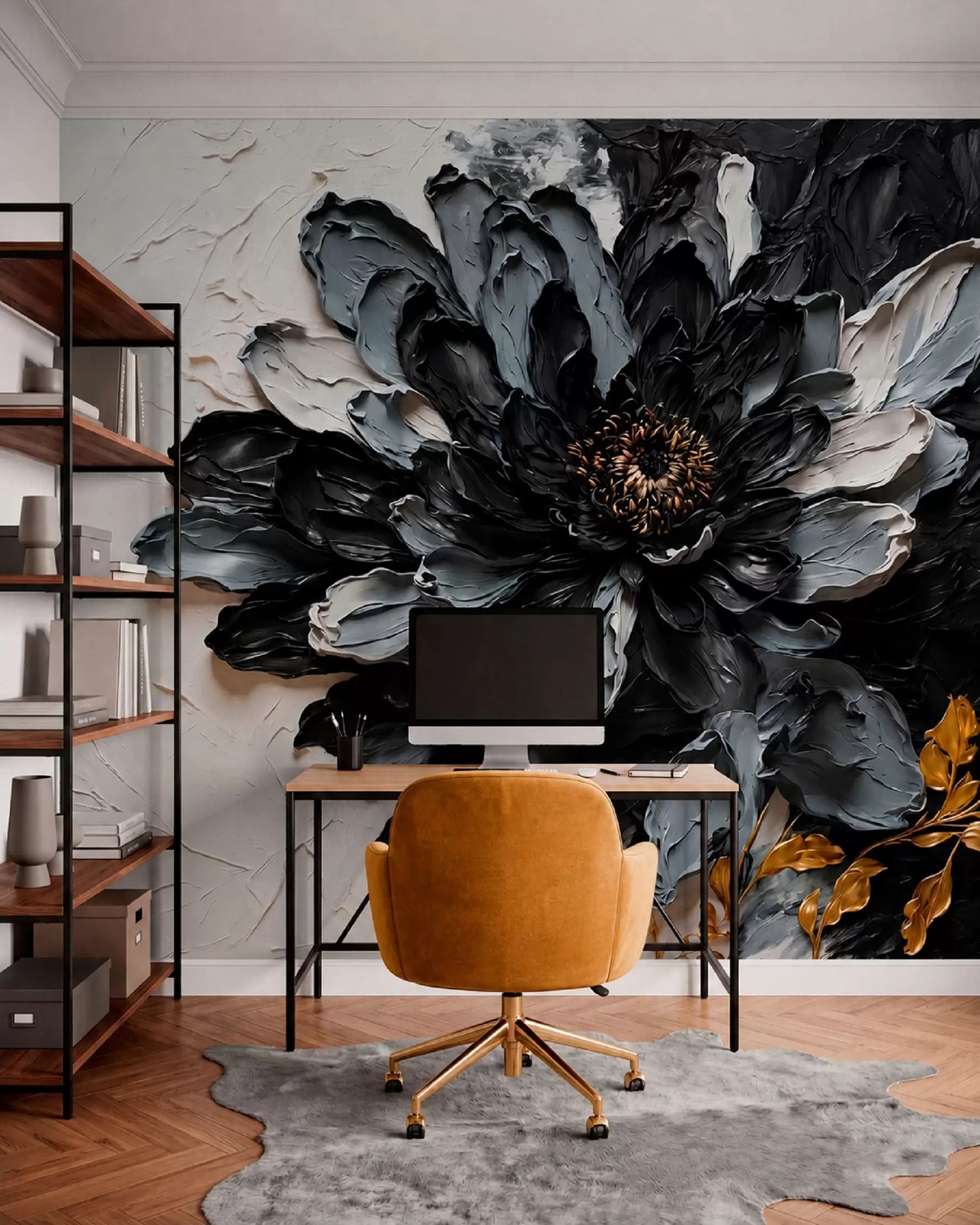 murales de pared Flor con textura en negro y gris con ramas decorativas w05883