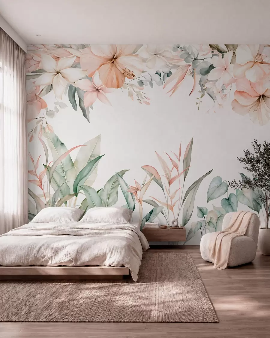 murales de pared Una composición tropical de flores y plantas en estilo acuarela, en tonos delicados w05870