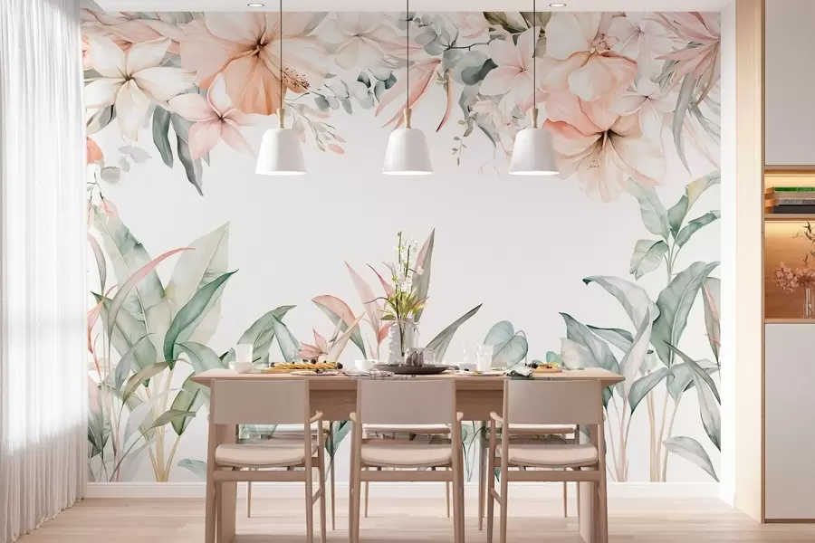 murales de pared Una composición tropical de flores y plantas en estilo acuarela, en tonos delicados w05870