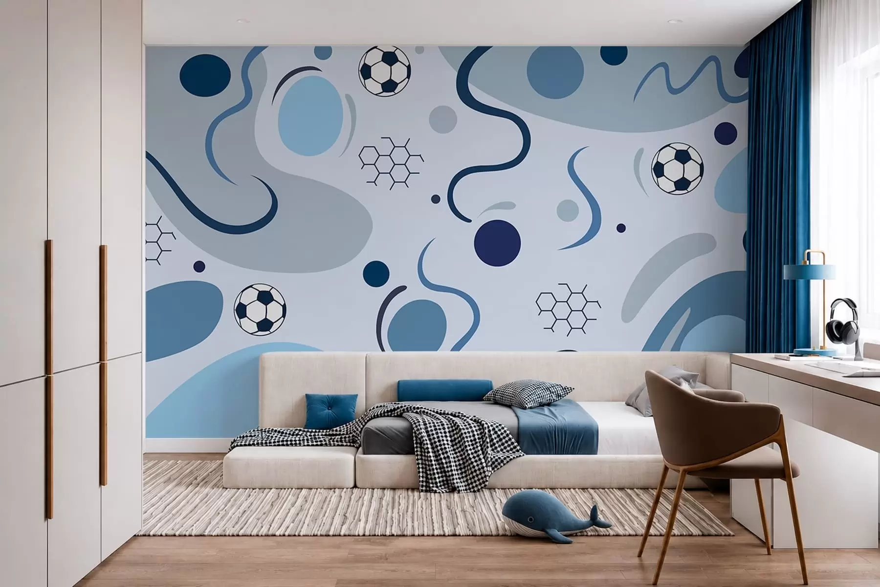 murales de pared Formas abstractas de colores, balones de fútbol y diagramas w05142