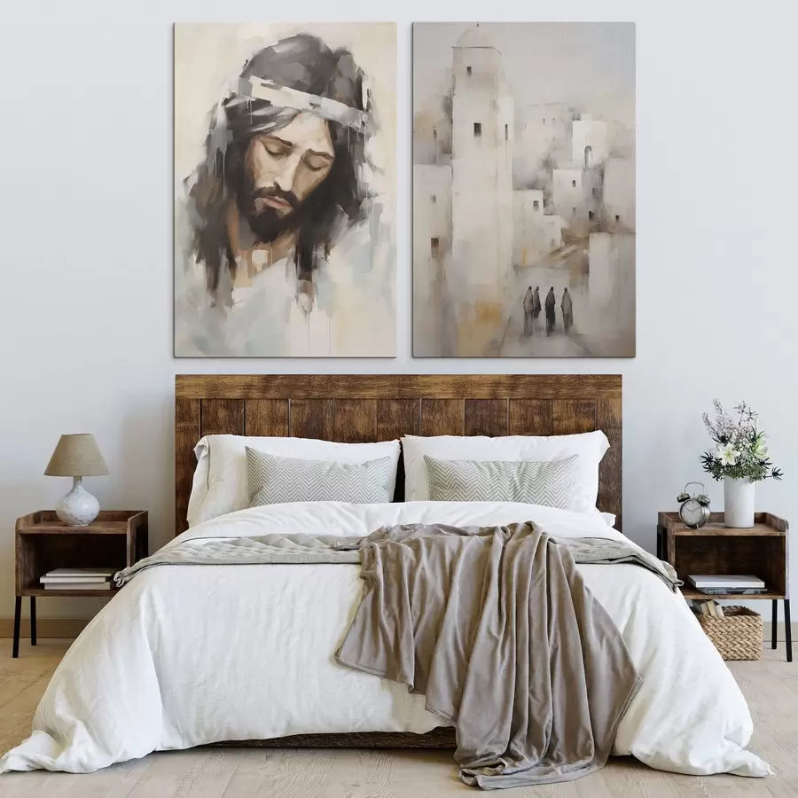 murales de pared Jesús y una antigua ciudad abstracta, pintura de imitación m30909