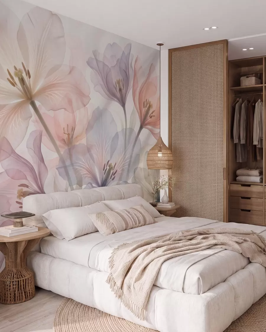 murales de pared Delicadas flores transparentes en tonos pastel, al estilo de la acuarela w09999