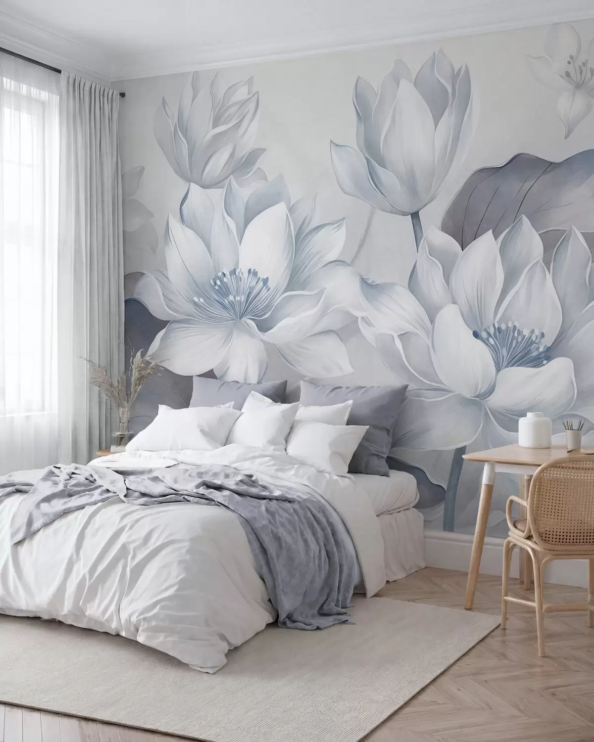 murales de pared Flores de loto con textura y pétalos delicados, y hojas grandes de un azul apagado w10027v1