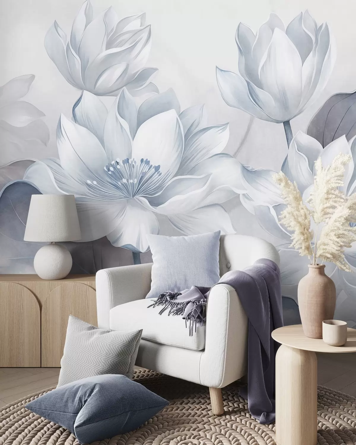 murales de pared Flores de loto con textura y pétalos delicados, y hojas grandes de un azul apagado w10027v1