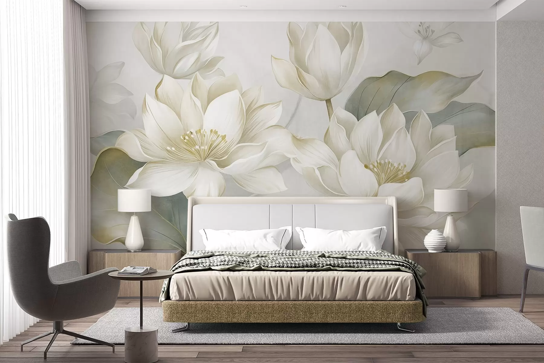 murales de pared Flores de loto con textura y pétalos delicados, y hojas grandes de color verde apagado w10027