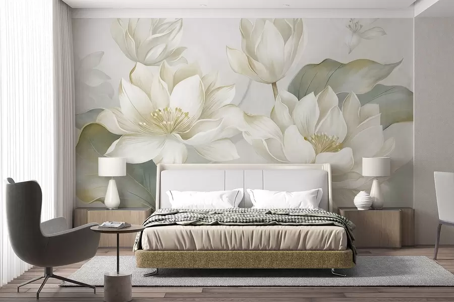 murales de pared Flores de loto con textura y pétalos delicados, y hojas grandes de color verde apagado w10027