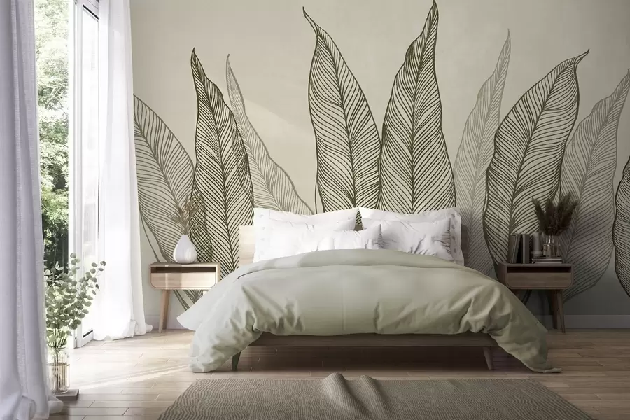 murales de pared Hojas verdes estilizadas con detalles de líneas intrincadas sobre un fondo beige; ilustración con textura w10030