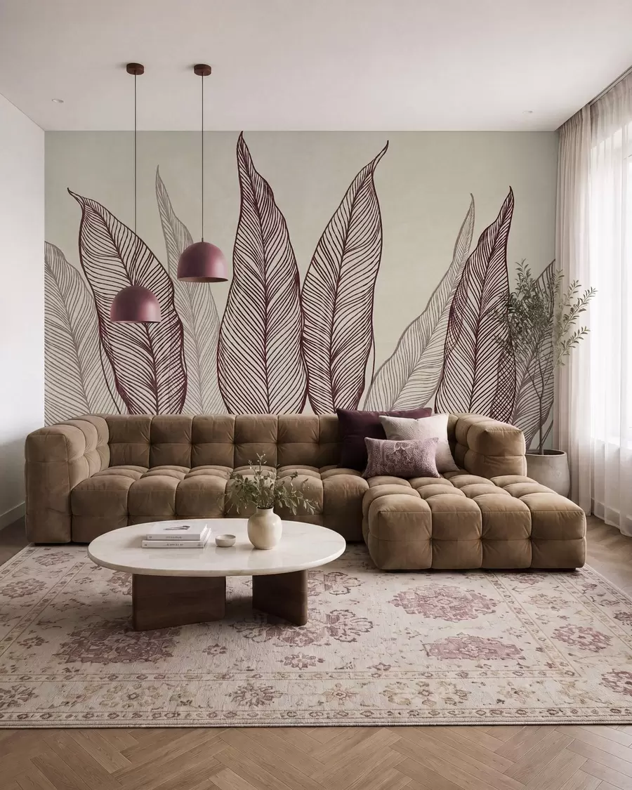 murales de pared Hojas de color burdeos estilizadas con detalles de líneas intrincadas sobre un fondo beige, obra de arte con textura w10030v1