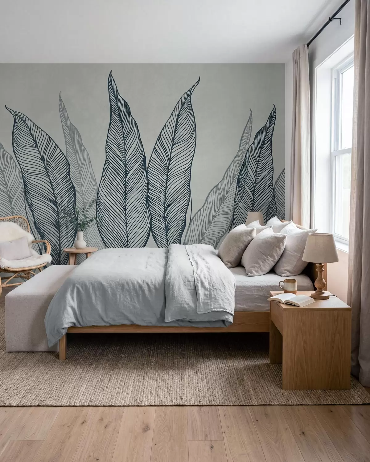 murales de pared Hojas azules estilizadas con detalles de líneas intrincadas sobre un fondo gris, diseño con textura w10030v3