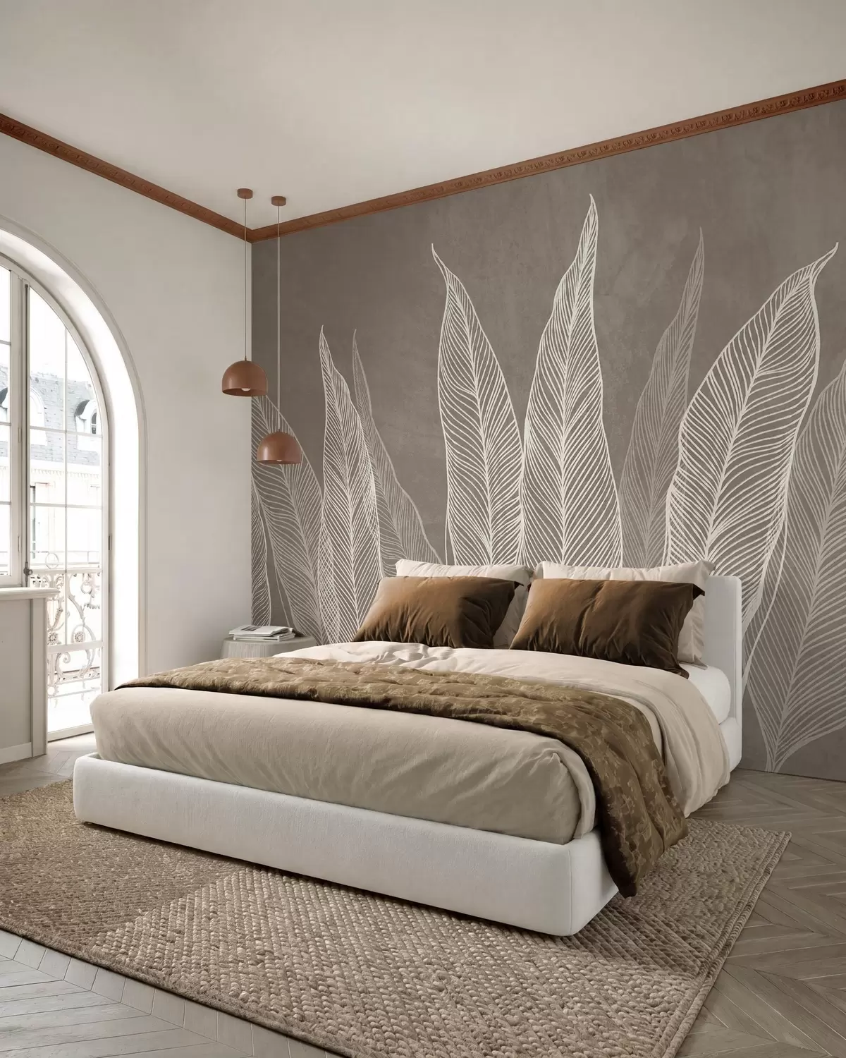 murales de pared Hojas blancas estilizadas con intrincados detalles de líneas sobre un fondo marrón, obra de arte con textura w10030v4
