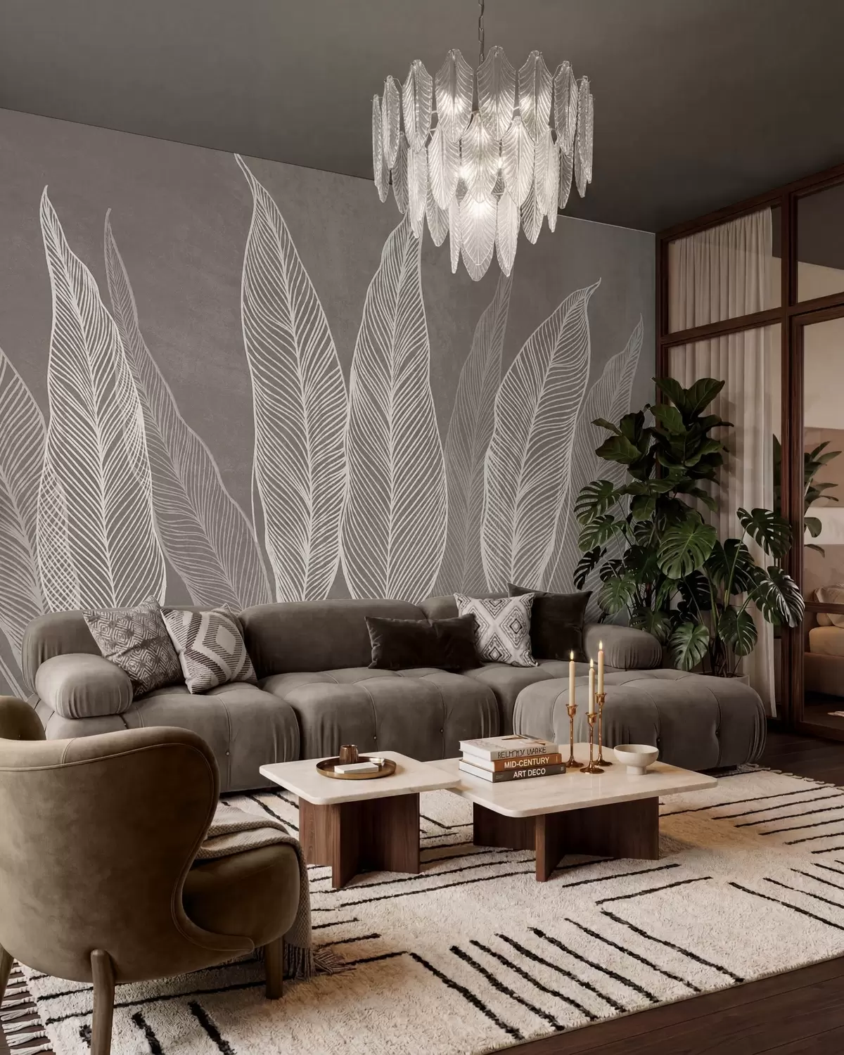 murales de pared Hojas blancas estilizadas con intrincados detalles de líneas sobre un fondo marrón, obra de arte con textura w10030v4