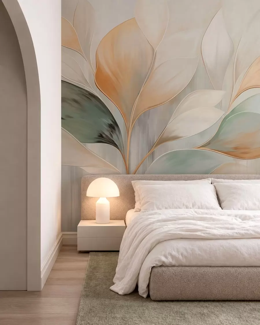 murales de pared Hojas abstractas en tonos crema, melocotón y verde w05861
