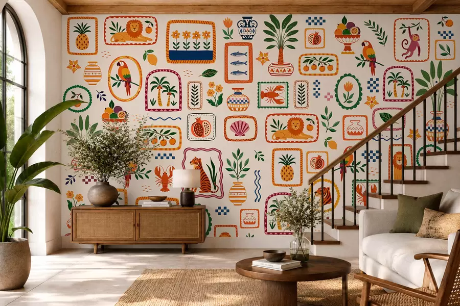 murales de pared Diseño colorido con animales, plantas y frutas w05885