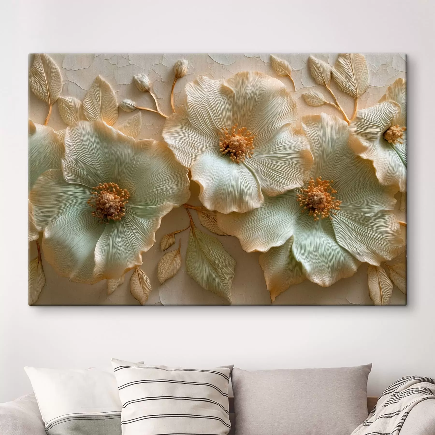 murales de pared Flores y hojas grandes con un efecto tridimensional en tonos claros s50420