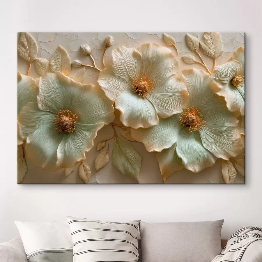 murales de pared Flores y hojas grandes con un efecto tridimensional en tonos claros s50420