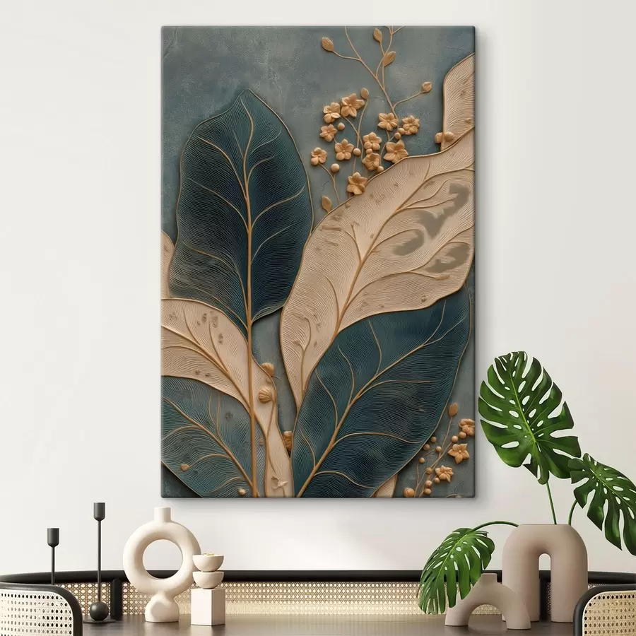 murales de pared Hojas y pequeñas flores con un efecto de relieve sobre un fondo oscuro s50427