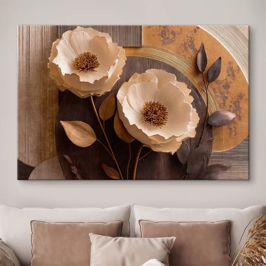 murales de pared Flores grandes y claras con hojas oscuras y círculos s50430