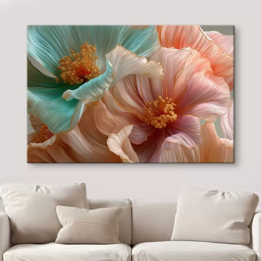 murales de pared Grandes flores de color turquesa y rosa con efecto tridimensional s50432