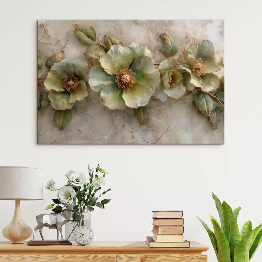murales de pared Grandes flores y hojas verdes sobre un fondo claro con ligeras variaciones s50434