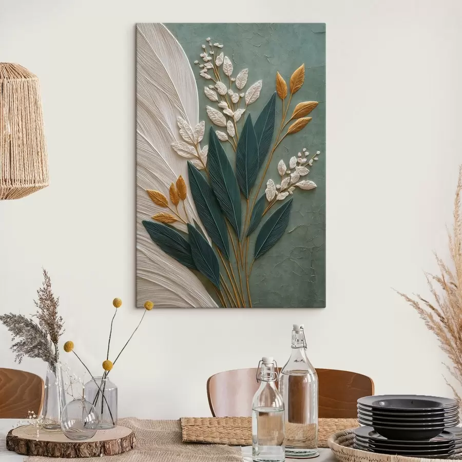 murales de pared Hojas decorativas sobre un fondo verde con sutiles matices s50446
