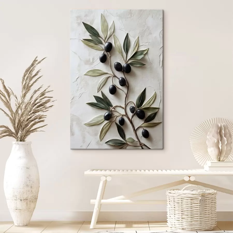 murales de pared Rama con aceitunas negras y hojas verdes s50447