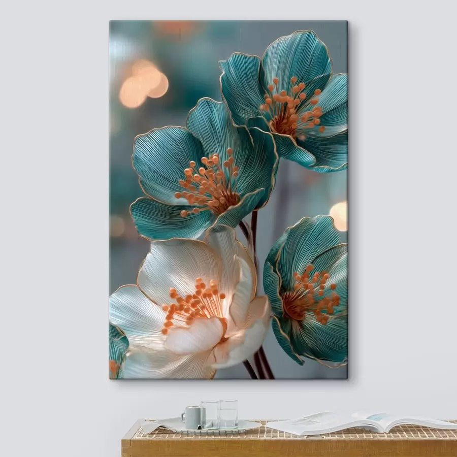 murales de pared Flores de color turquesa y blanco con estambres naranjas s50448