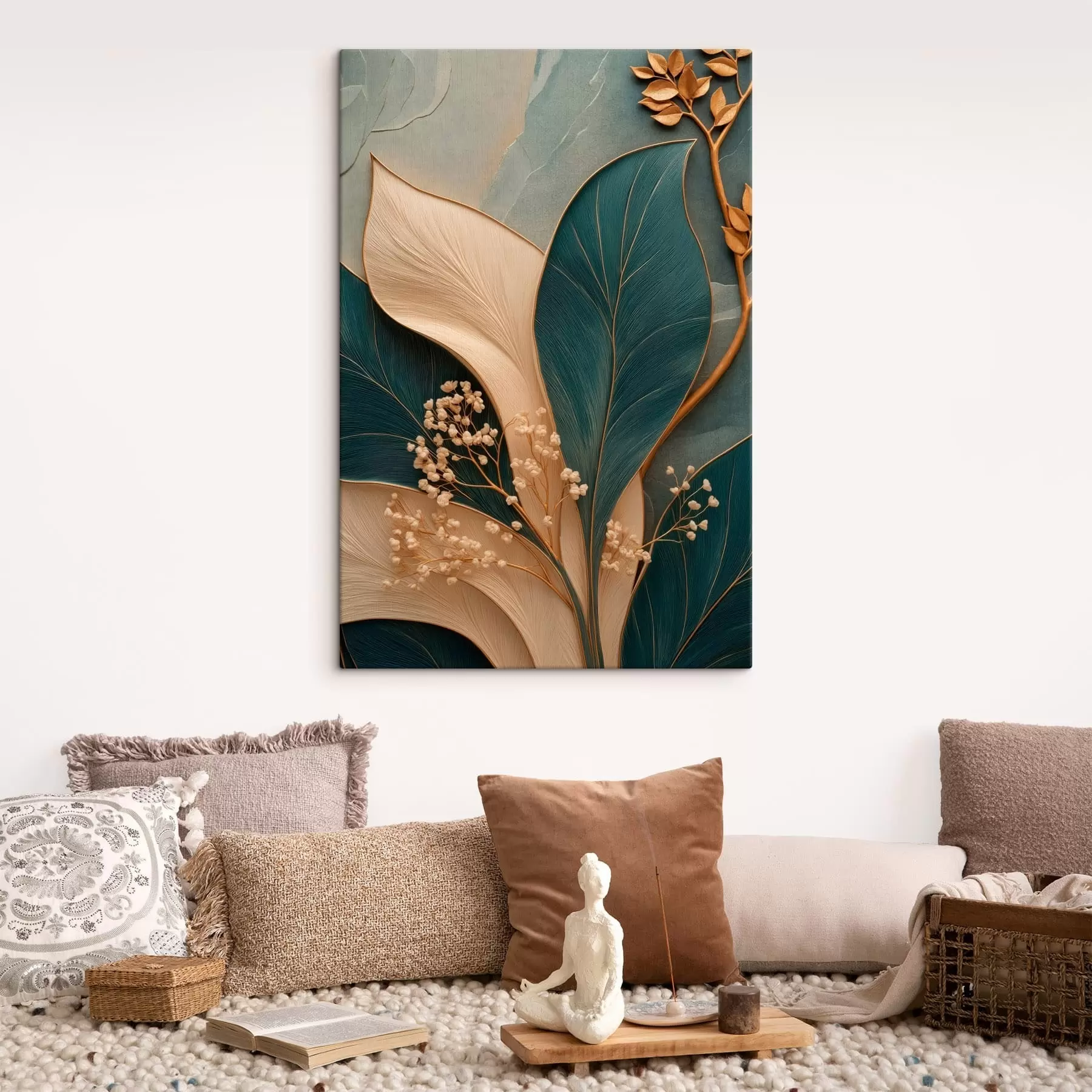 murales de pared Hojas grandes de color turquesa y crema con ramitas pequeñas s50451